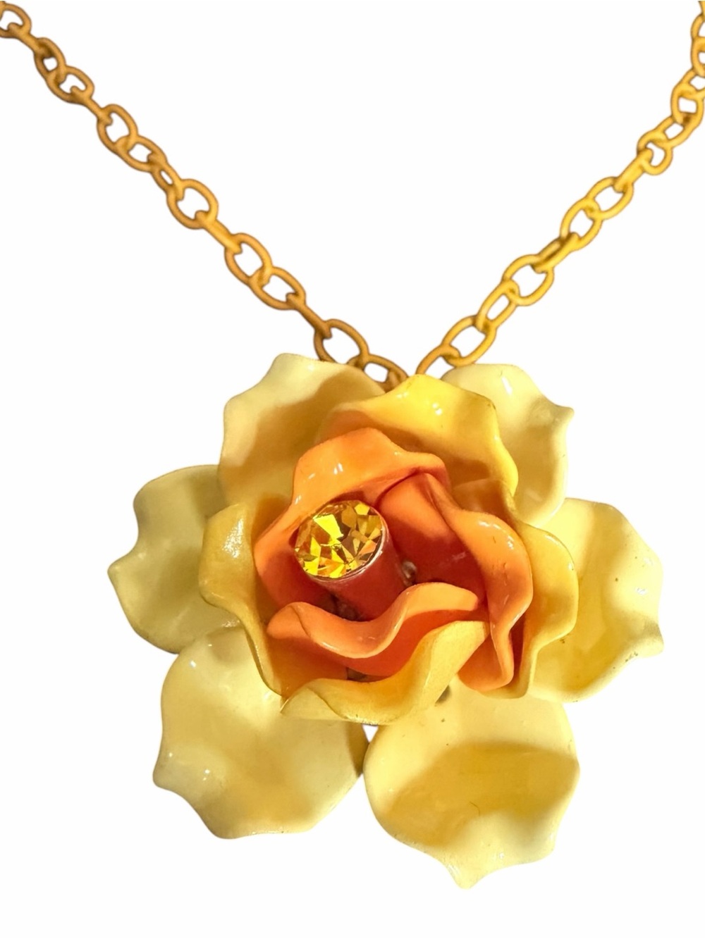 Vintage Yellow Enamel Flower Pendant Necklace Rhinestone Gold Tone Floral